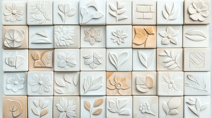 Decorative wall tiles with embossed floral and leaf patterns