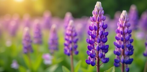Fototapeta premium Close-up shot of vibrant purple lupine flowers in a meadow, meadow, botanical