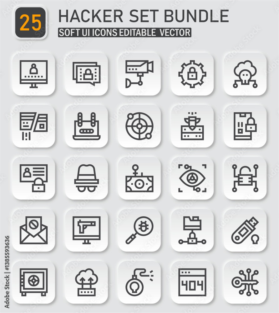 Poster collection of hacker themed icons for cyber security concepts, editable vector