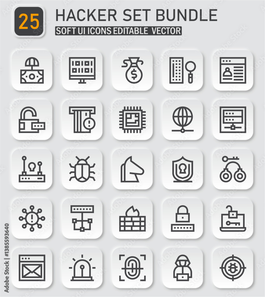 Poster modern hacker and cybersecurity vector icons bundle, soft ui style design element