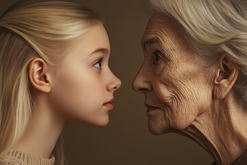 Captivating contrast of youth and age showcased through a girl's and an older woman's face side by side