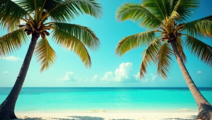 Fototapeta na wymiar Vintage toned palm trees against turquoise ocean , sandy shore, ocean view