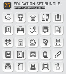 Minimalistic education icon collection portraying learning tools and academic concepts