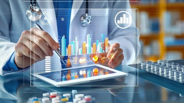 Healthcare Analytics: A healthcare professional, focused on their work, examines digital health data to assess and improve patient care in a clinical environment.