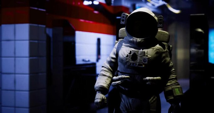 An astronaut stands in a bustling underground subway station illuminated by colorful lights. The futuristic atmosphere creates a striking contrast between space exploration and urban activity.