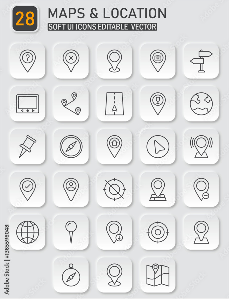 Poster maps and location icons set with soft ui design style vector illustration