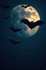 Naklejka premium A colony of bats flying in the dark sky with full moon behind them, aerial, night