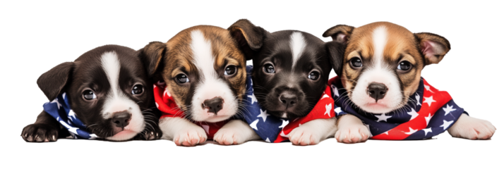 Four Mixed Puppy Dogs in Patriotic Kerchiefs on White Studio Background, American Summer Holiday Puppies