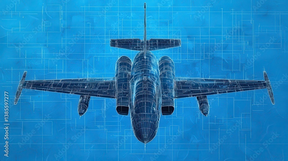 Poster detailed blueprint of an airplane design on a blue background for technical and engineering applicat