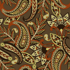 Paisley and ethnic flowers seamless vector pattern. floral vintage background
