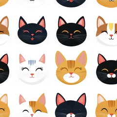 A repeating tile pattern featuring simple -style cartoon cats in various poses and expressions for design