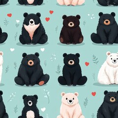A seamless pattern of animated bears and their cubs in various artistic styles depicting their playful interactions