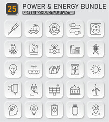 Comprehensive power and energy icons collection showcasing soft user interface elements