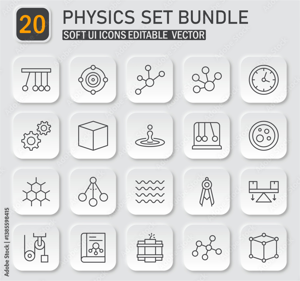 Poster comprehensive physics icon collection showcasing editable vector in soft ui design