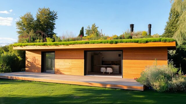 A wooden house features a green roof and large deck surrounded by a tranquil garden, showcasing contemporary architecture in a natural environment