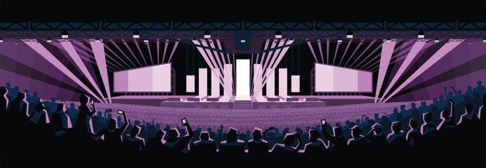 Vector illustration of a concert stage with bright lights and a cheering crowd in a stadium. Night event or music festival concept.