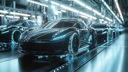 Obraz premium Futuristic cars on a modern assembly line.
