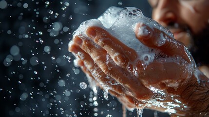 A detailed close-up of hands holding foamy soap bubbles, water splashing around, conveying a sense of cleanliness and personal care in daily life.