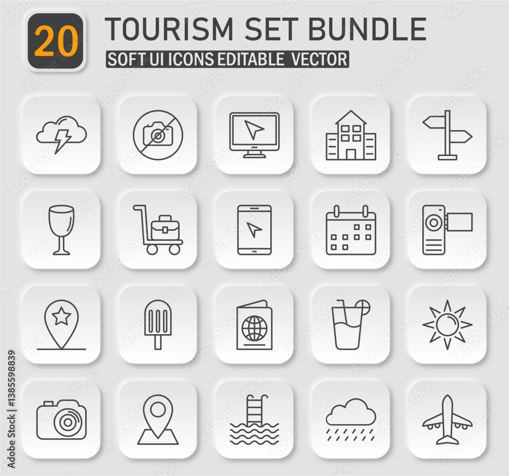 Poster neumorphism tourism icon collection with editable vector design elements