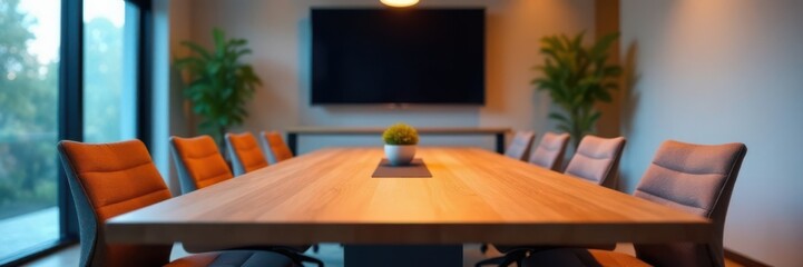 Business meeting room with conference table, space, table