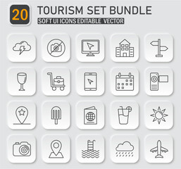 Neumorphism Tourism Icon Collection with Editable Vector Design Elements