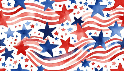 Patriotic watercolor texture with red and blue stars and stripes for festive designs