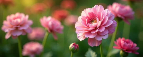 Vibrant pink and white ranunculus blooms in a garden setting, garden, spring, pink