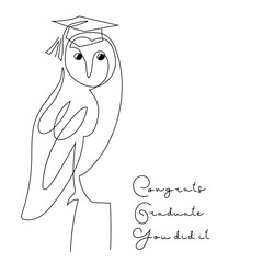 Congratulation for school graduates. Senior with owl with graduate cap Black and White design. For graduation themed design, card, craft, for t shirt, congratulation event. Vector illustration.