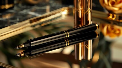 Naklejka premium A luxurious black pen with gold accents rests elegantly on a reflective surface, symbolizing sophistication and professionalism in the working world.