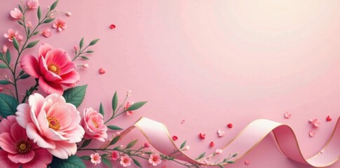 Colorful floral ribbon banner with a pastel pink and gold gradient background, ribbon, decor, pattern