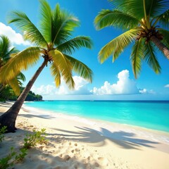 Warm sandy beach with swaying palm trees and turquoise ocean waves, ocean waves, ocean views