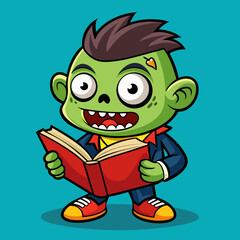 Obraz premium Cartoon Illustration of a Zombie Reading a Horror Book