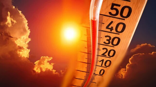 The thermometer shows a high temperature against a bright red sun, emphasizing the concept of hot weather. This image evokes the essence of summer heat and the intensity of sunlight.