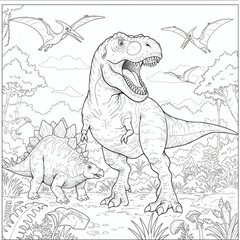 Fototapeta premium Intricate Tyrannosaurus Rex and Stegosaurus Coloring Page Prehistoric Dinosaurs Illustration