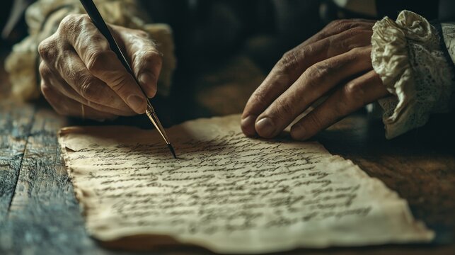 person writing on an old paper with a quill pen