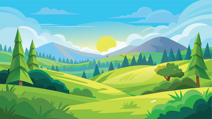 Obraz premium Desert landscape, vast sand dunes, golden sunset, orange sky, large sun, mountainous horizon, warm colors, stylized illustration, vector art, minimalist design, tranquil scene, barren wilderness, roll