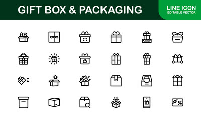 Professional Gift Box and Packaging Icon Set Vector Illustration. Most Useful Icons for Gift Wrapping, Boxes, and Packaging