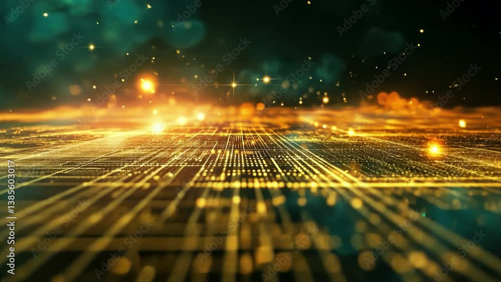 Poster mesmerizing digital abstract golden grid and sparkling lights create depth and innovation in futuris