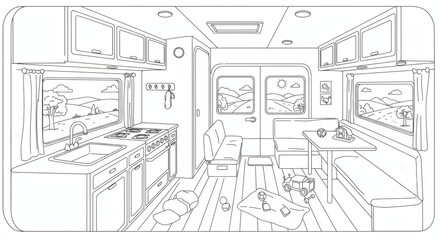 Cozy Camper Van Interior Line Art Drawing of a Travel Trailer's Comfortable Living Space