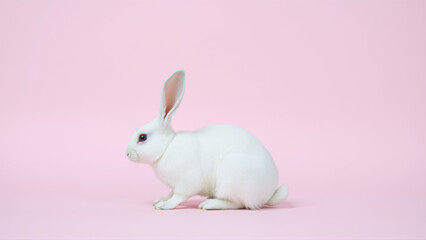 Fototapeta premium Cute white rabbit on isolated pink background