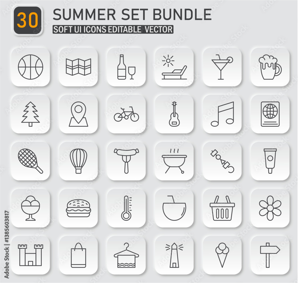 Poster summer themed outline icon bundle, soft ui style, editable vector elements collection