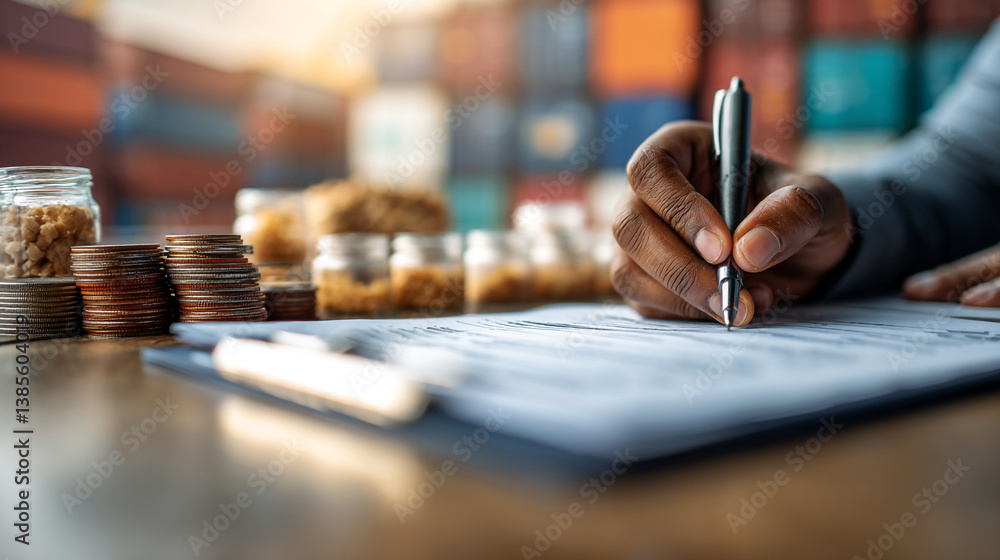 Poster person signing a document with coins and jars in the background on a wooden surface in soft light