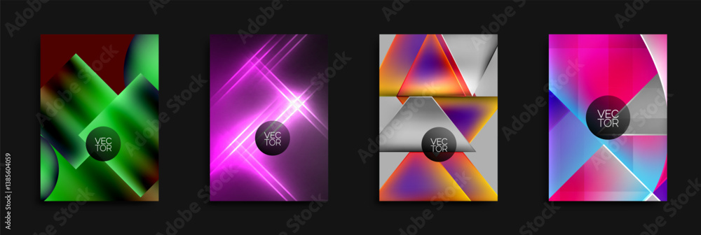 Poster four abstract vector backgrounds. vibrant neon colors, geometric shapes, dynamic compositions. moder