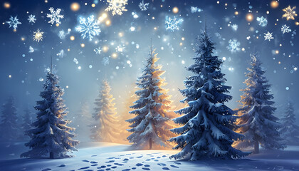 Obraz premium Serene Winter Landscape With Snow-Covered Evergreens At Night