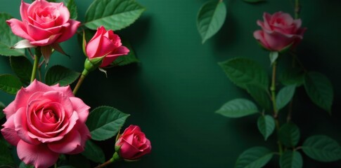 Naklejka premium Elegant rose flowers sit against a lush green leaf backdrop, creating a striking visual balance in an empty frame, rose flower, natural frame, botanical art