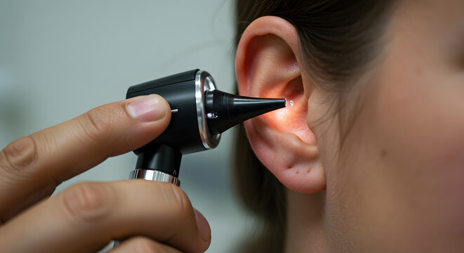 Close-up of an Otoscope Examination of a Patient's Ear During a Medical Check-up