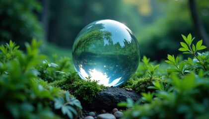 Floating crystal ball surrounded by lush evergreen branches, nature, ornament