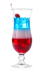 Layered cocktail in colors of American flag with ice and cherry isolated on white