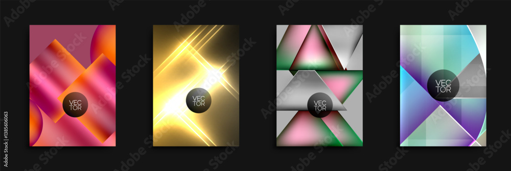 Poster four abstract vector backgrounds. designs feature vibrant color gradients, geometric shapes, lines, 