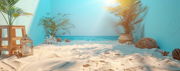 A serene beach-inspired interior with soft sand, palm plants, and warm light, creating a tranquil and relaxing atmosphere for any space.